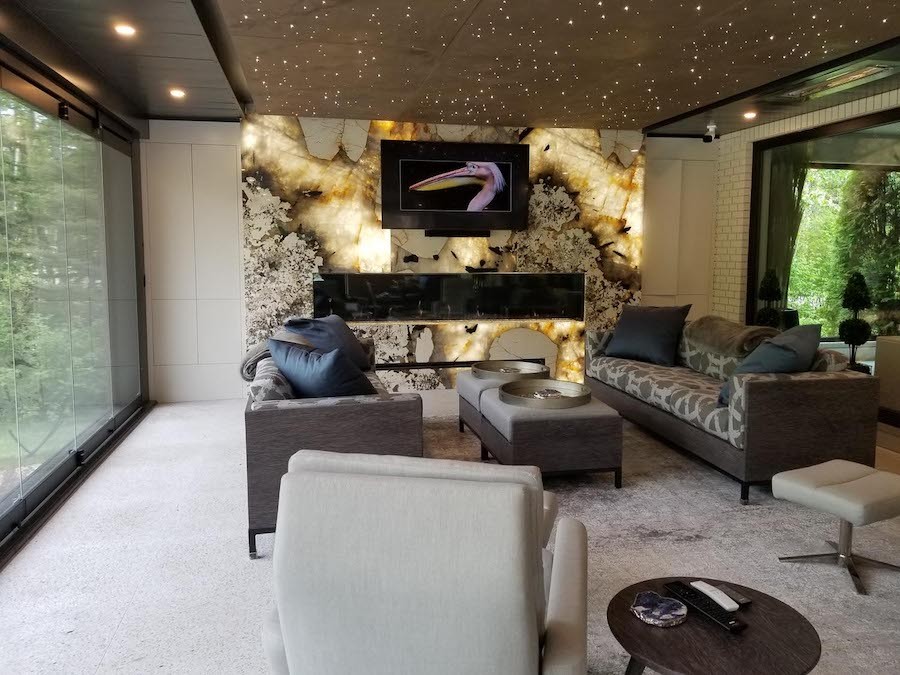 An entertainment space with beautiful and unique lighting design.