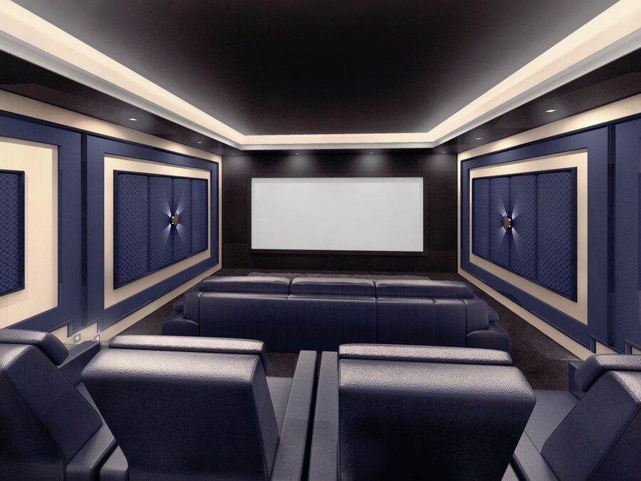 A home theater space featuring acoustic paneling.